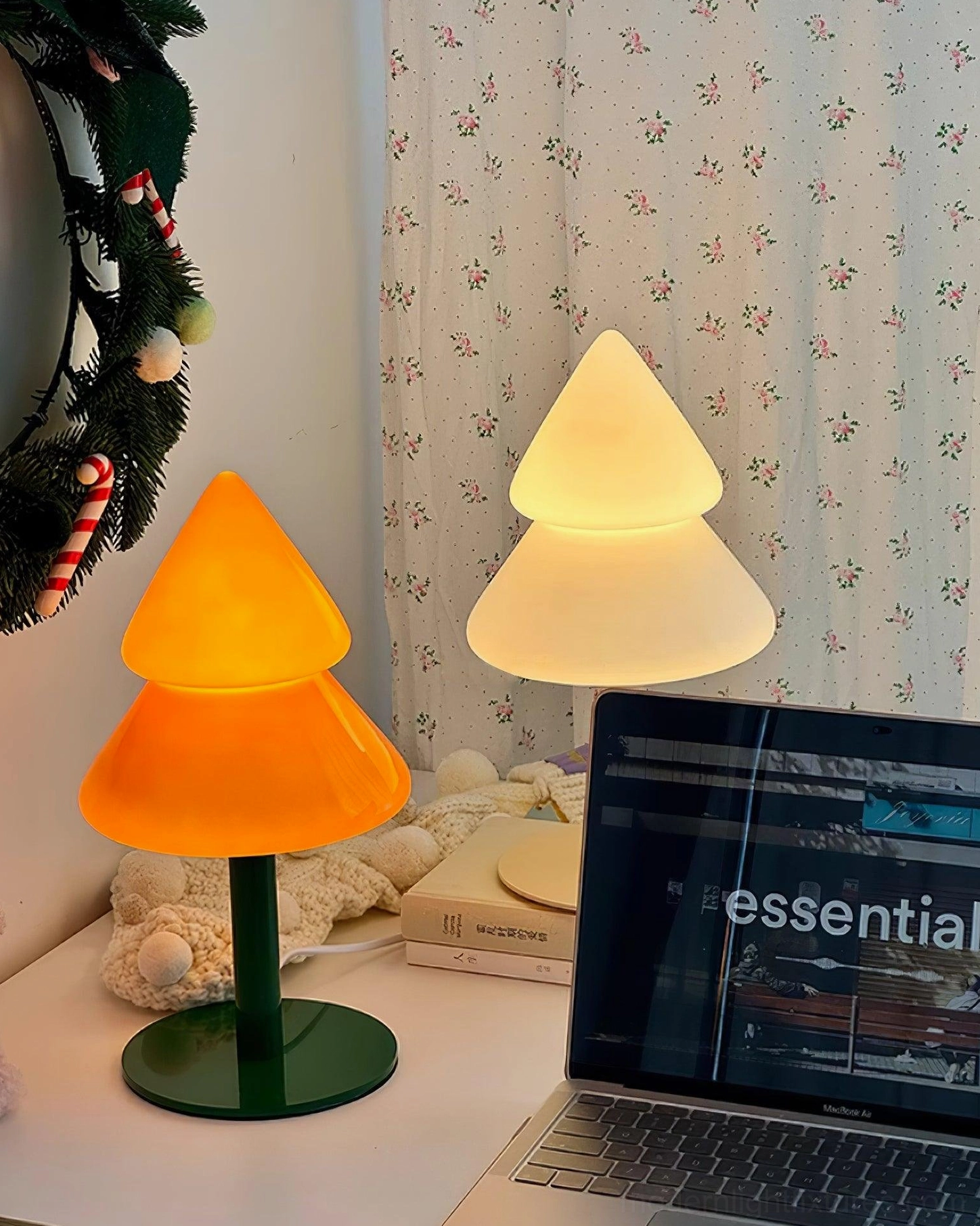 Ambient lighting effect of Christmas tree table lamp in evening home interior setting