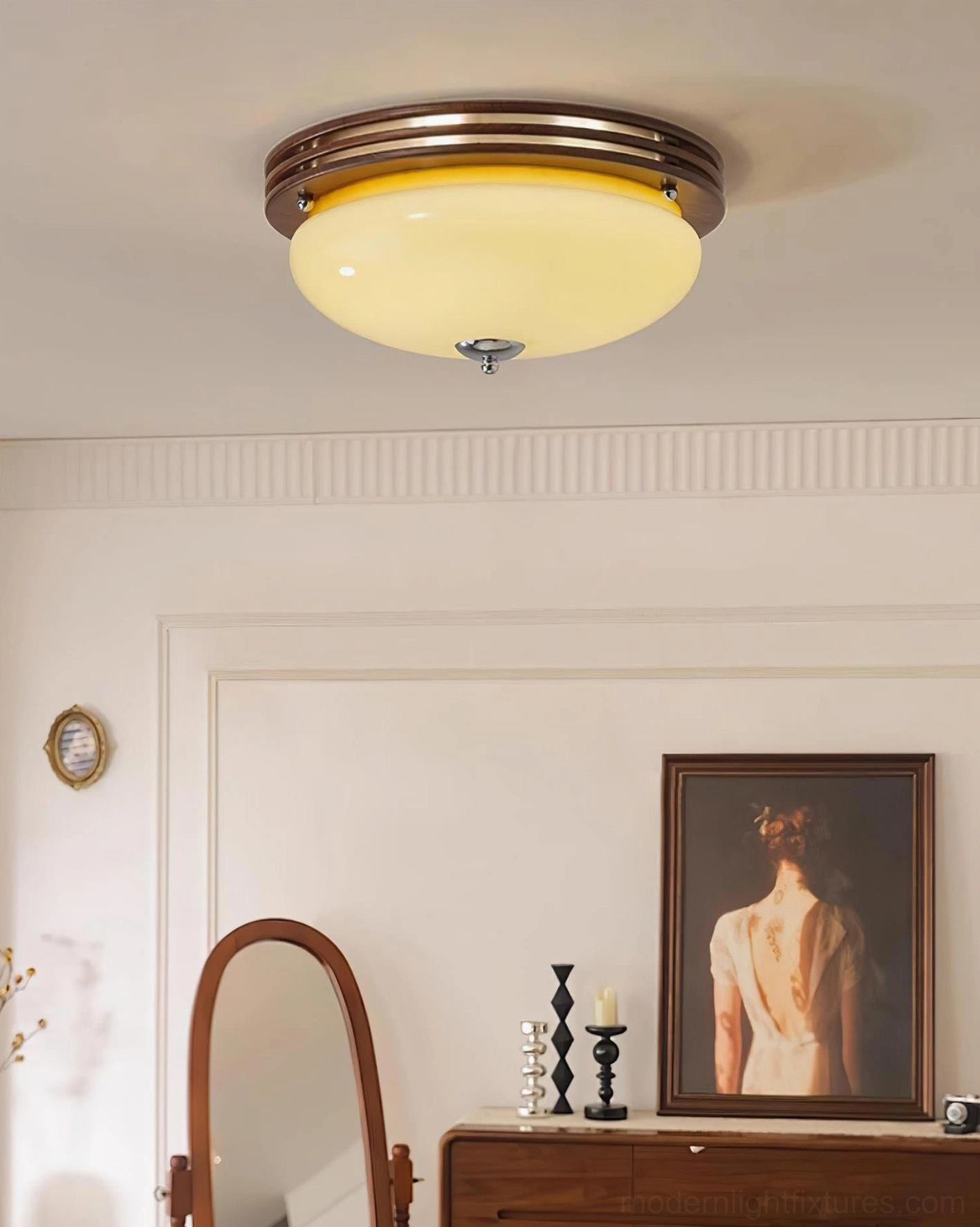 Amelia flush mount ceiling light in bedroom vanity area with dresser mirror and wall art classic retro home decor
