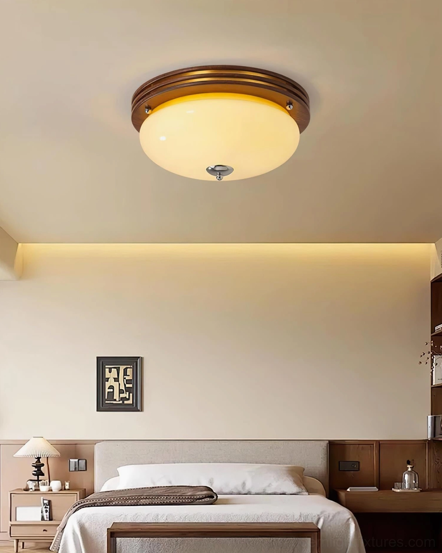 Amelia warm ambient ceiling light in master bedroom creating cozy lighting atmosphere with bed and bedside decor