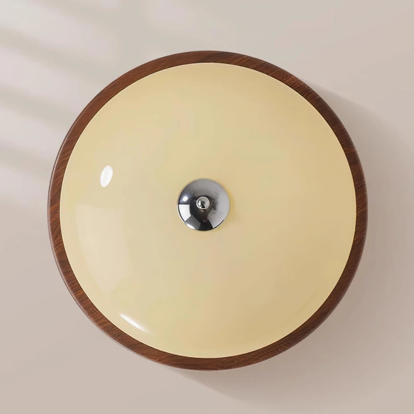 Amelia ceiling light fixture close-up studio view showing circular dark walnut wood frame with full creamy glass shade