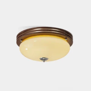 Amelia mid-century modern flush mount ceiling light front view featuring walnut wood base and creamy glass shade