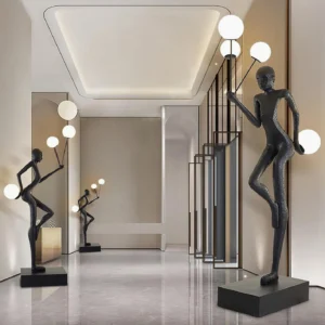 Modern sculptural floor lamp in luxury hallway with minimalist interior design