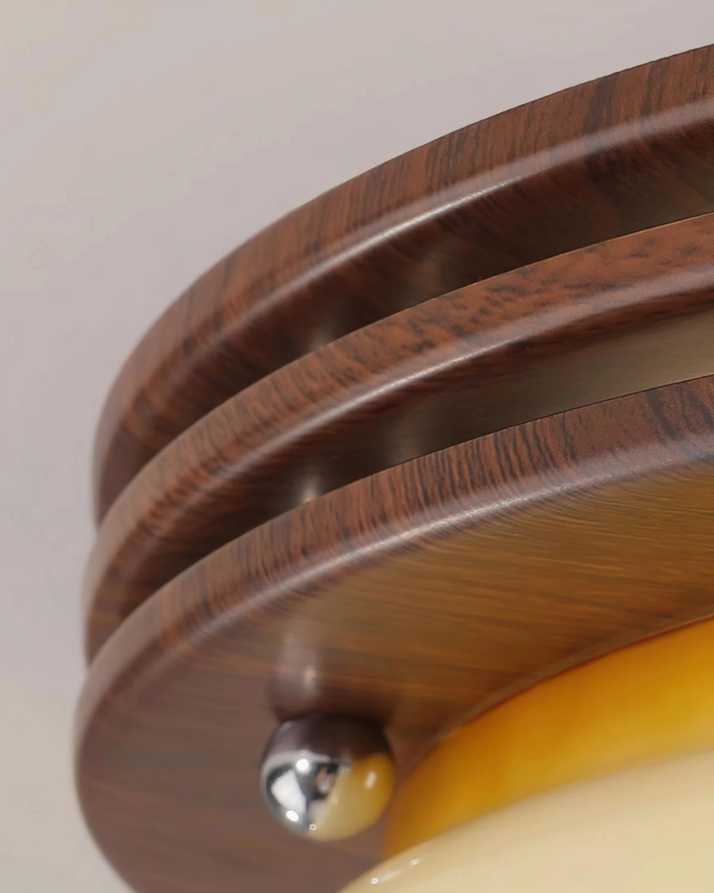 Amelia mid-century modern flush mount ceiling light fixture with walnut wood base and warm glass diffuser