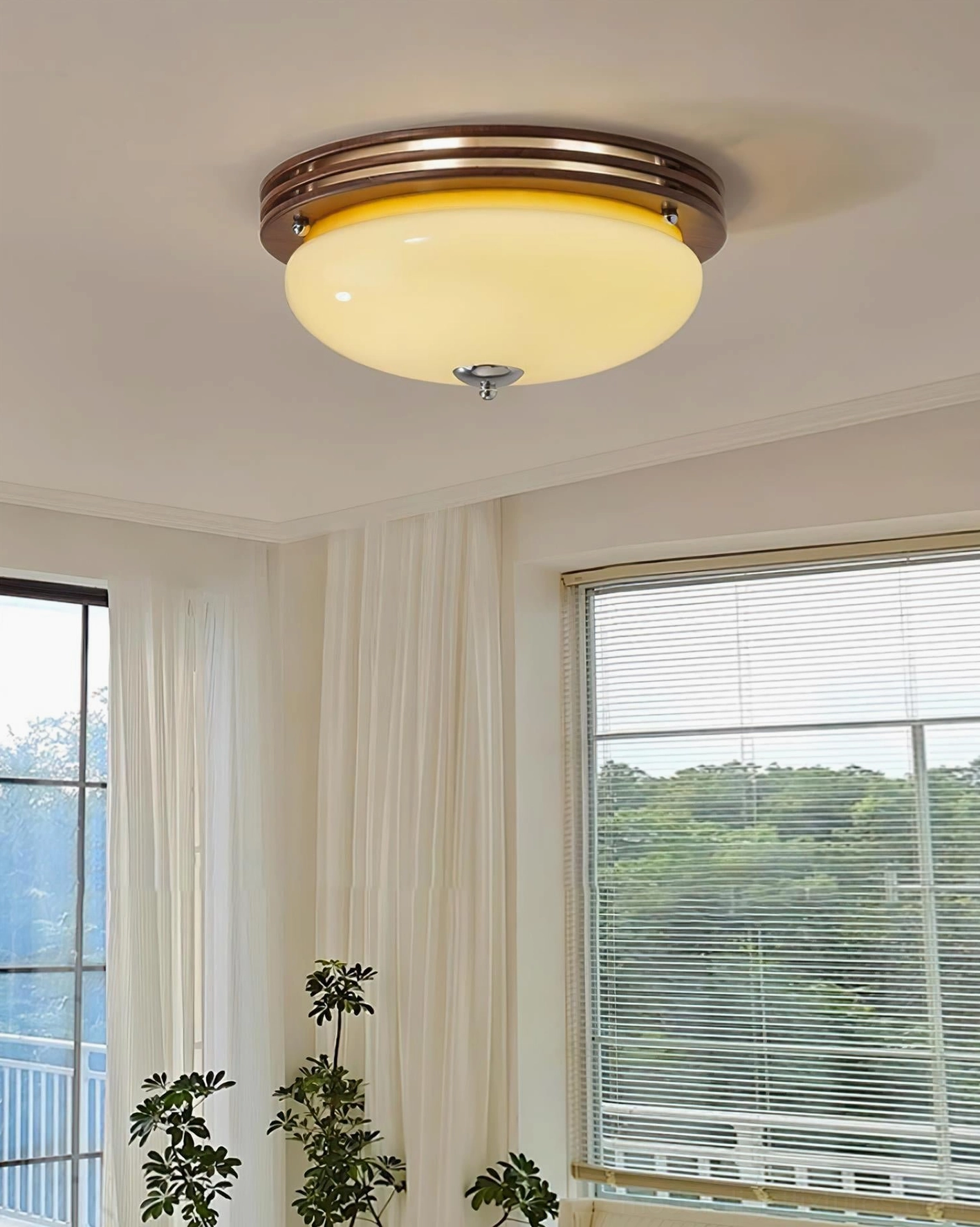 Amelia mid-century ceiling light fixture in residential room interior with windows and plants vintage home style