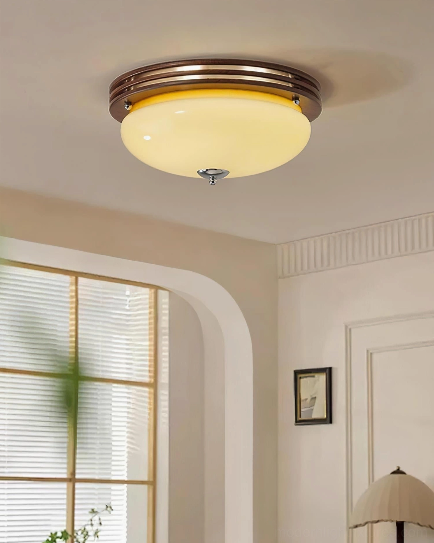 Amelia mid-century modern ceiling light in residential room with arched doorway and window blinds muted warm aesthetic