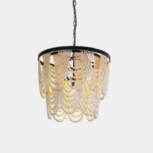 Amelia wood bead chandelier front view with cascading polished beads and matte black metal frame against white background