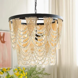 Illuminated wood bead chandelier casting warm soft light in cozy living room with sheer curtains and yellow flowers