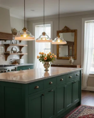 Set of three Amorine pendant lights with clear glass shades and brass hardware suspended above dark green farmhouse kitchen island