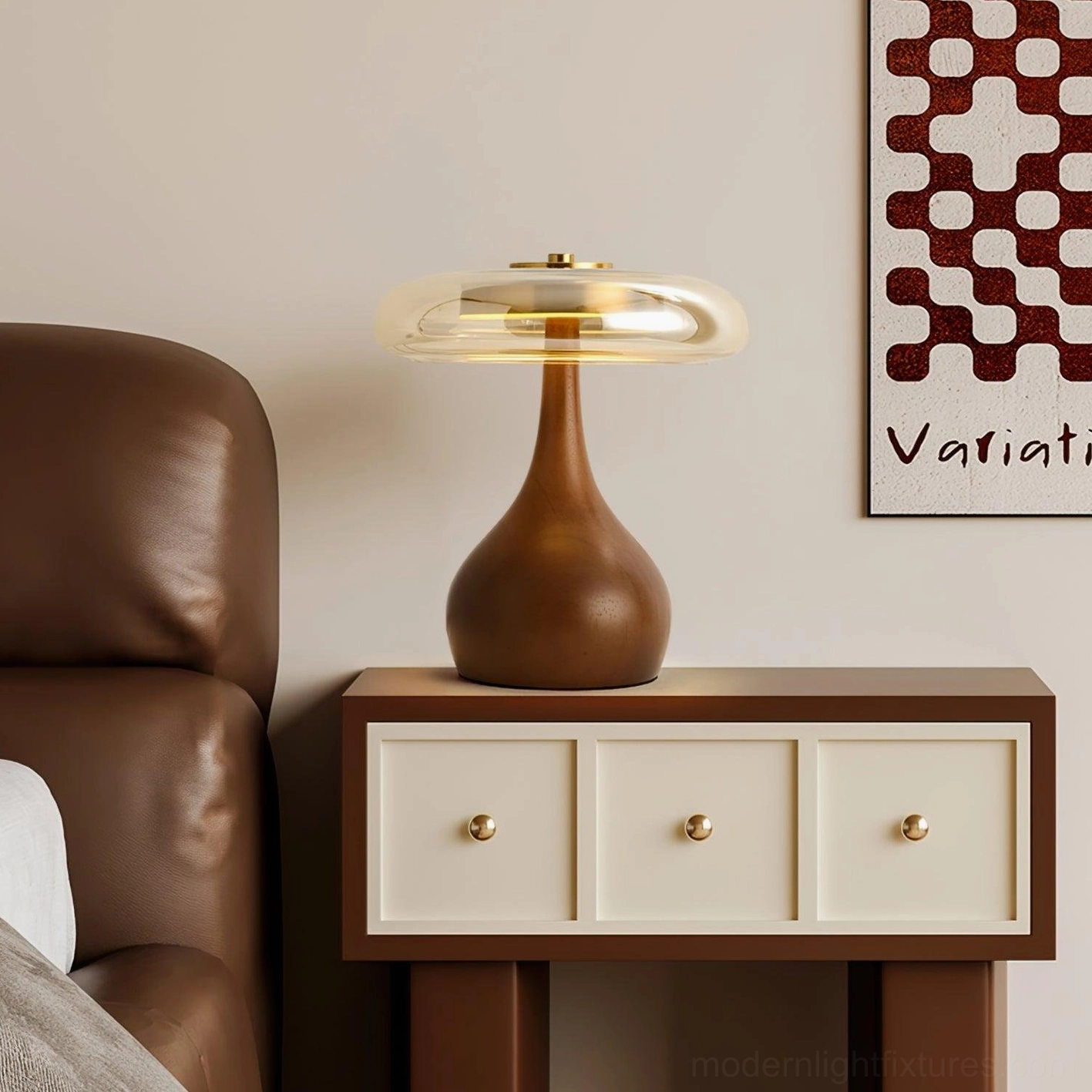 Andi glass table lamp styled on living room side table next to leather sofa and wooden nightstand