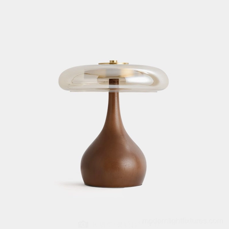 Andi modern glass table lamp with walnut wood base and brass hardware, front view studio shot