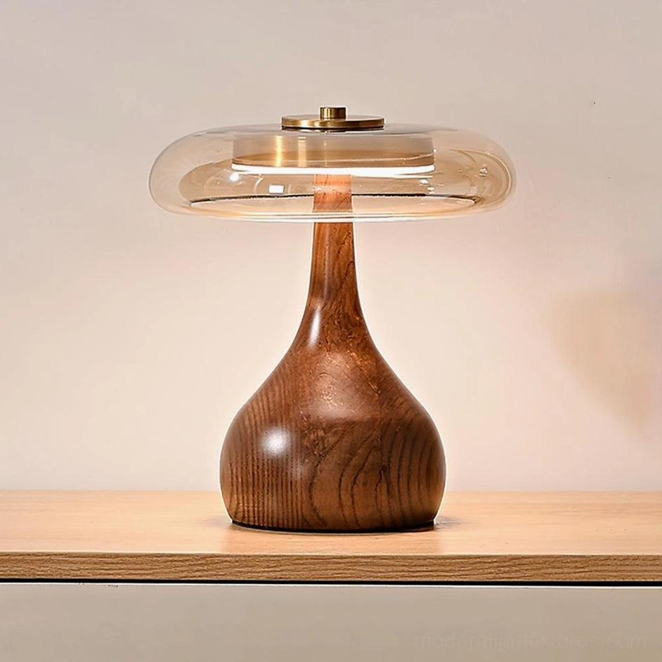 Andi glass table lamp all three color options displayed together Cognac Brass Walnut