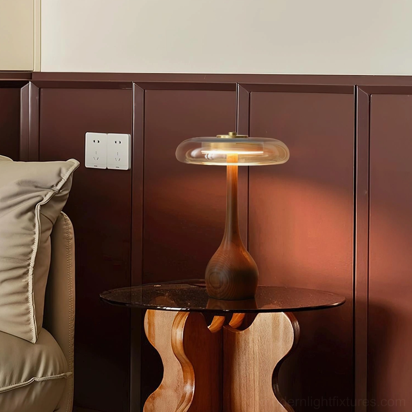 Andi glass table lamp cool gray upholstery minimalist pairing design