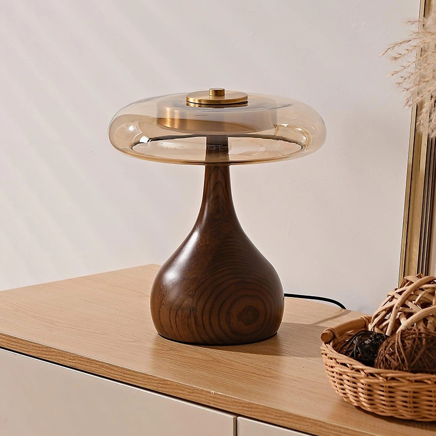 Andi glass table lamp close-up front view showing natural wood grain texture on base