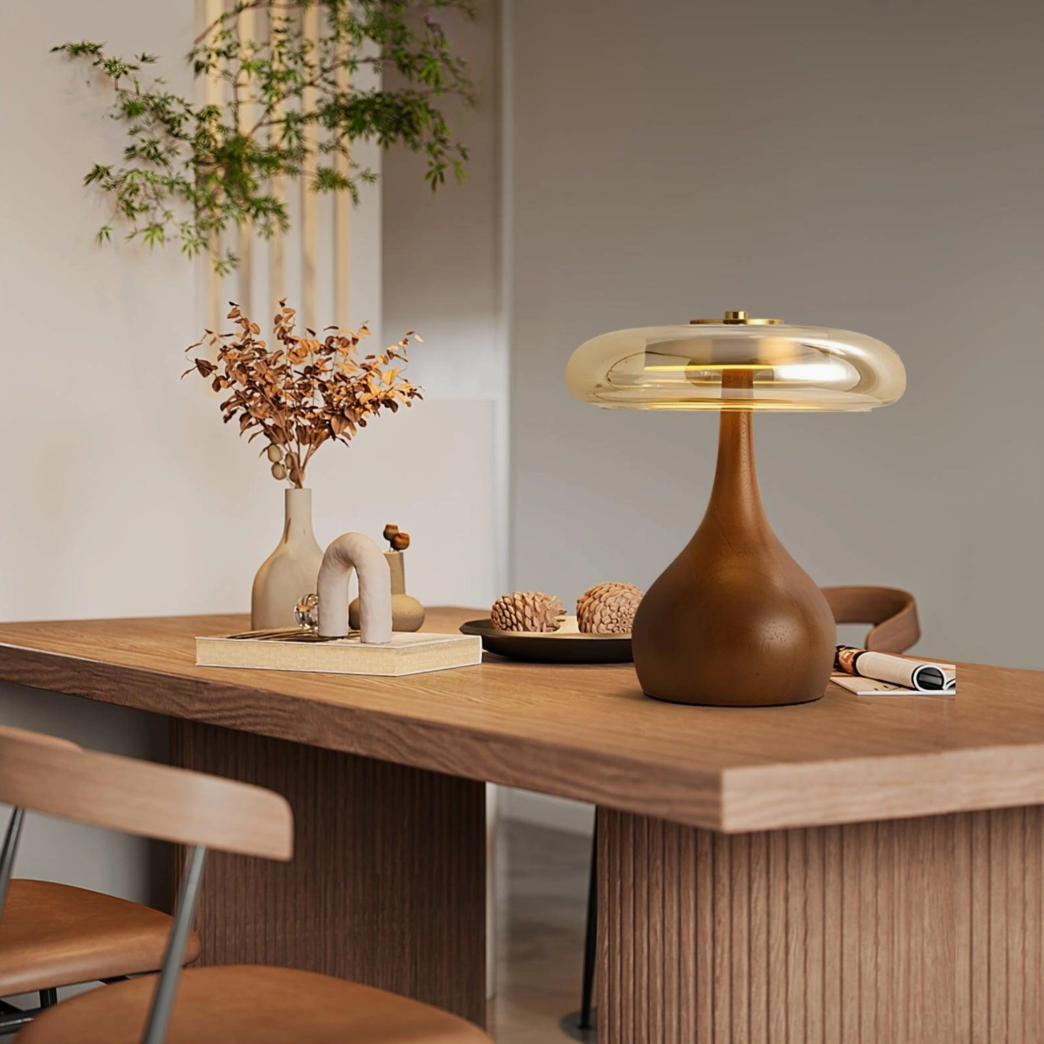 Andi modern table lamp on home office desk with neutral decor and ornaments