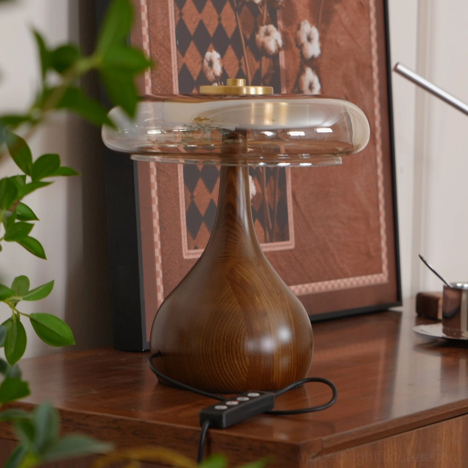 Andi glass lamp walnut color wood base natural grain pattern