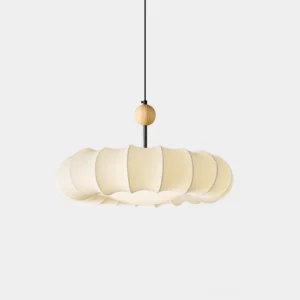 Anela modern fabric pendant light with pumpkin-shaped layered shade and wooden bead accent, front studio view