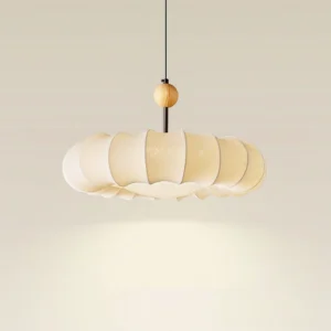 Overhead perspective of Anela pendant lamp showing soft warm glow from layered fabric design