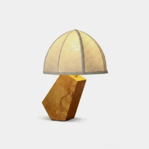 Angolo modern table lamp with geometric angled wood base and beige fabric dome shade, front studio view