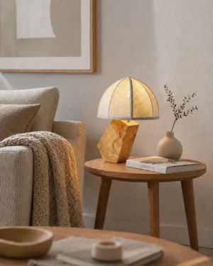 Angolo designer table lamp in minimalist living room setting on side table with neutral sofa and home decor