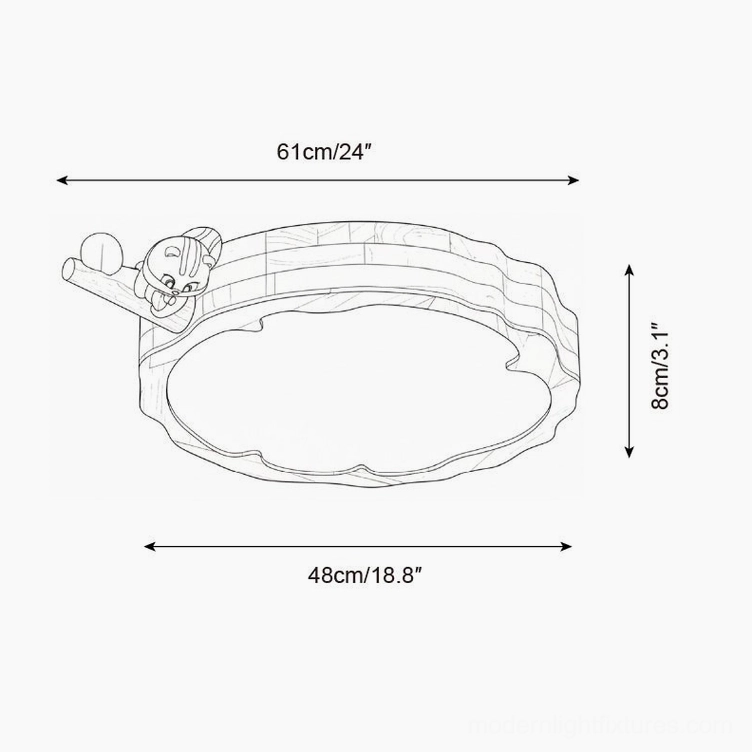 Technical design schematic of woodland animal ceiling lamp showing dimensions 61cm length x 48cm depth x 8cm height