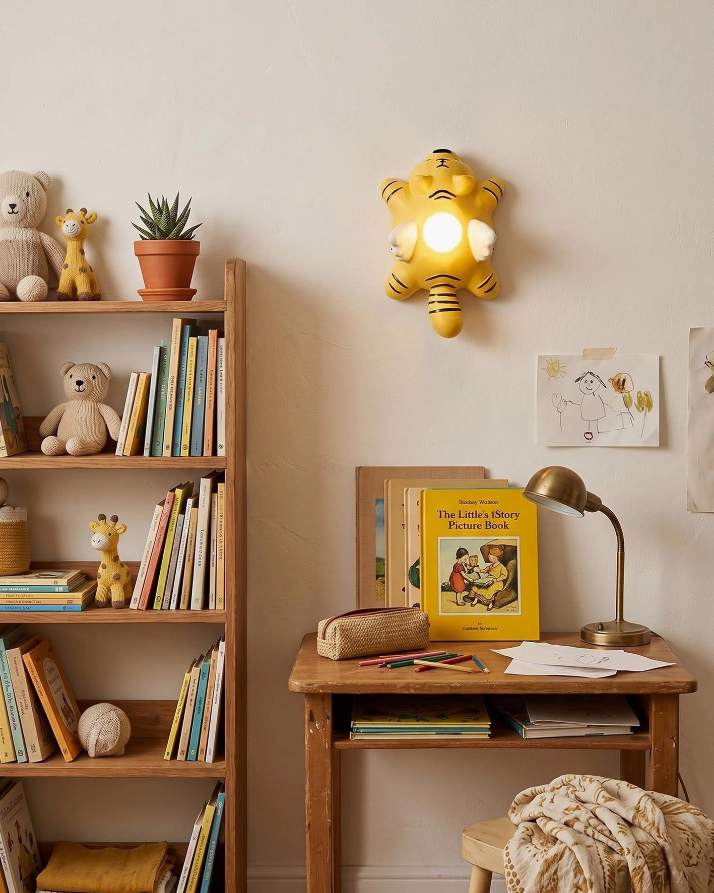 Modern kids wall sconce next to wooden bookshelf and children's books in study space