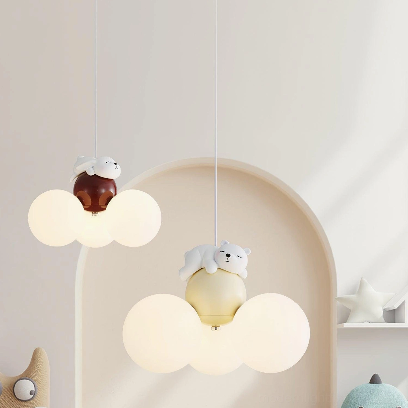 Bear and sheep pendant lamps installed in playful kids nursery bedroom with warm lighting