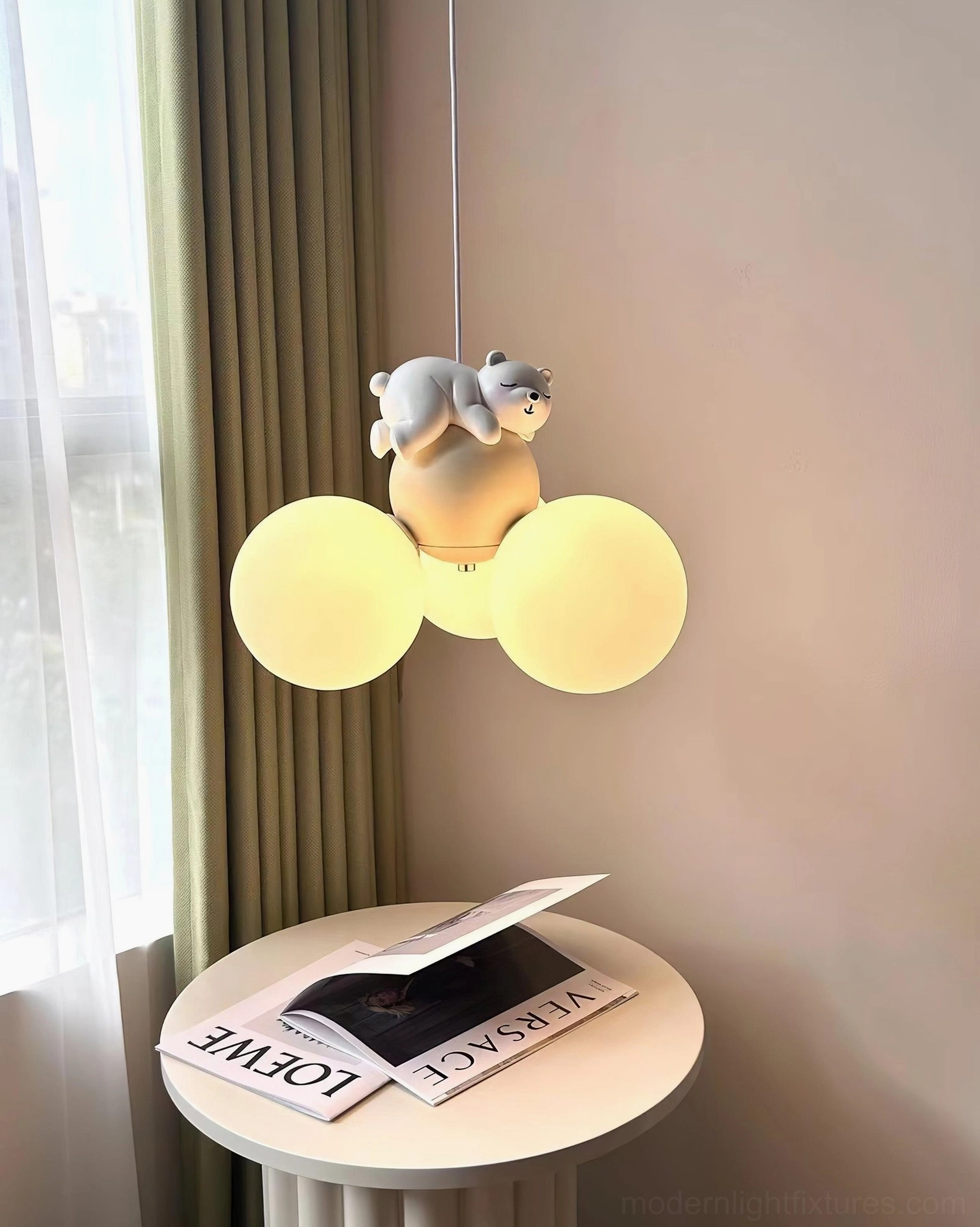 Warm glowing animal pendant light creating soft illumination in modern children's bedroom