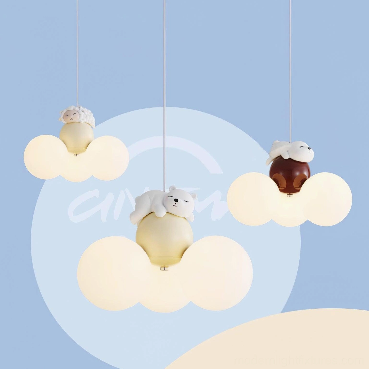 Multiple animal pendant lamps collection featuring bear and sheep designs with cloud-like frosted shades