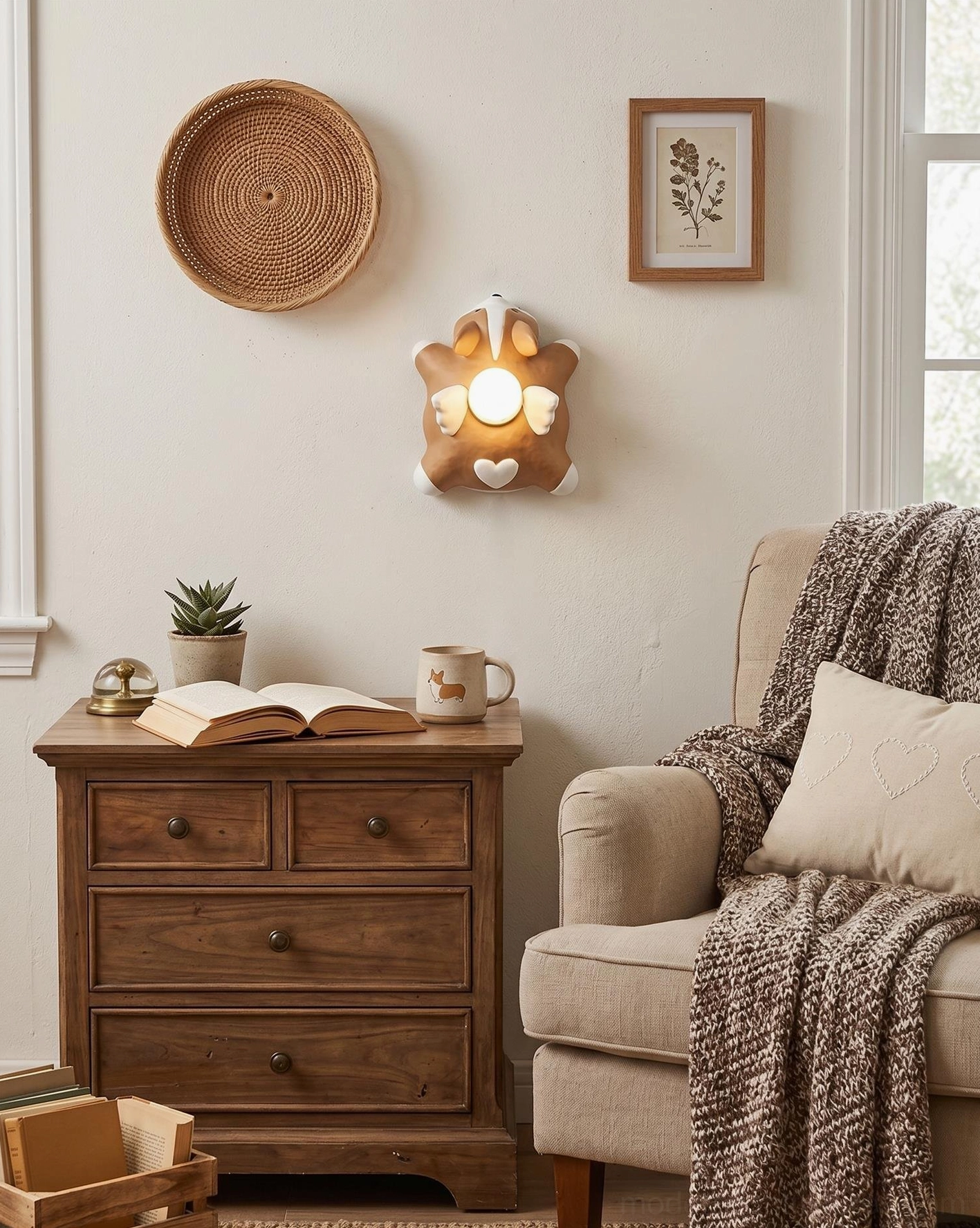 Light brown paws character sconce on woven wall hanging in small side table area