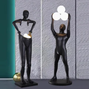 Anissa modern human statue floor lamp side profile with textured accent wall interior design scene