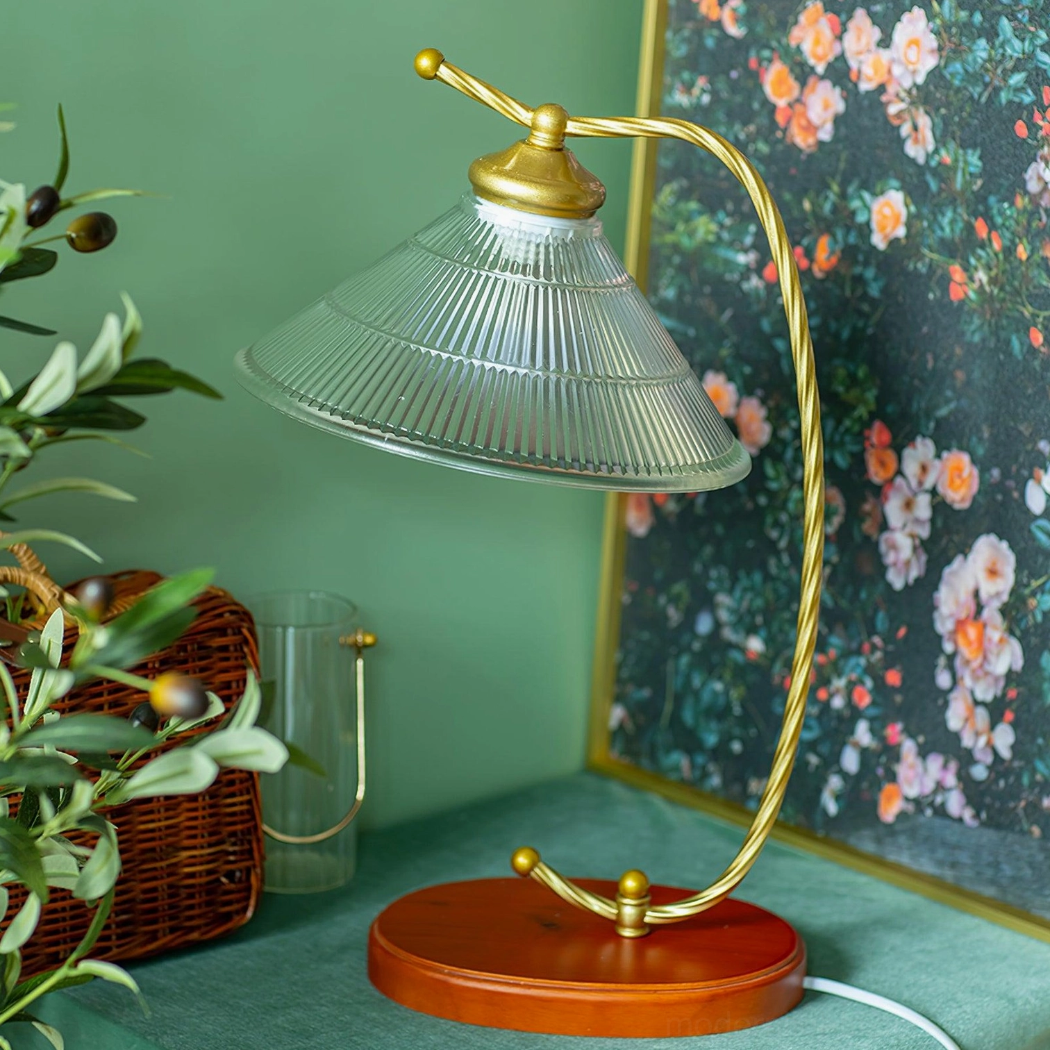 Antique-style arc reading table lamp with fluted glass shade demonstrating vintage mid-century modern design craftsmanship