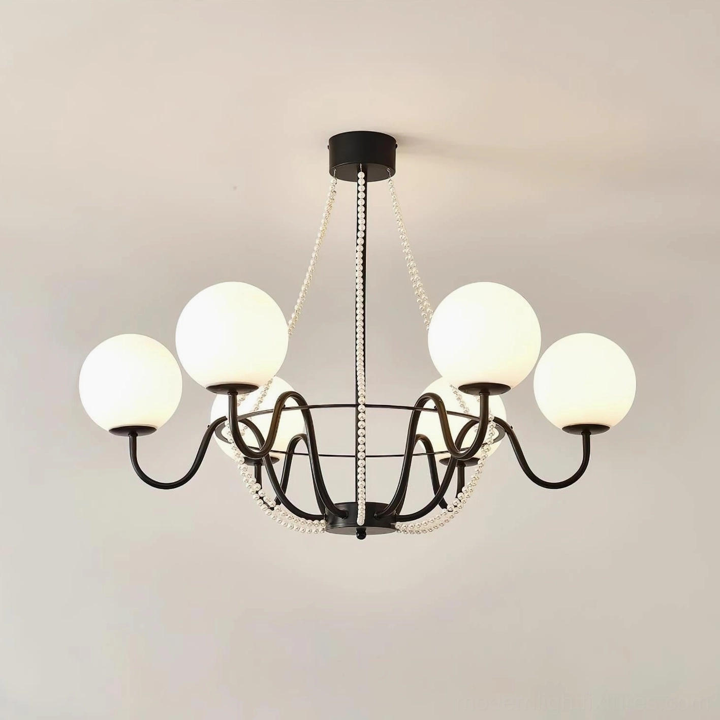 Arc Chandelier 6-head configuration with curved metal arms and pearl finish frosted glass for residential lighting
