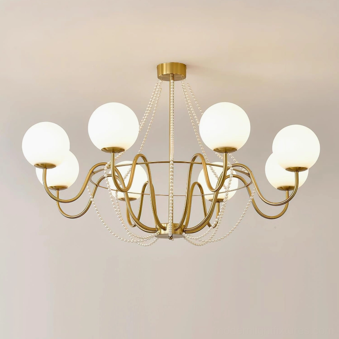 Arc Chandelier 8-head gold and white finish modern statement piece for spacious living rooms and commercial venues