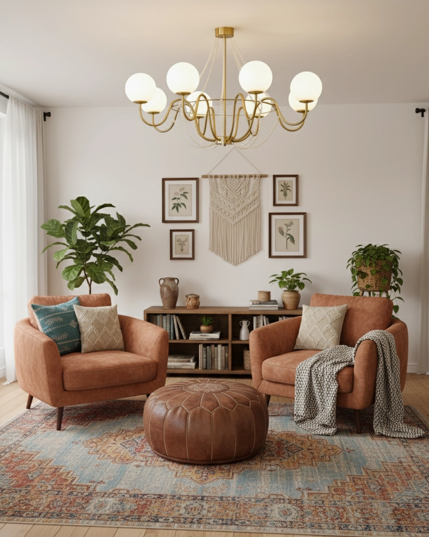 Suspended Arc Chandelier in cozy bohemian living room with armchairs and warm ambient lighting