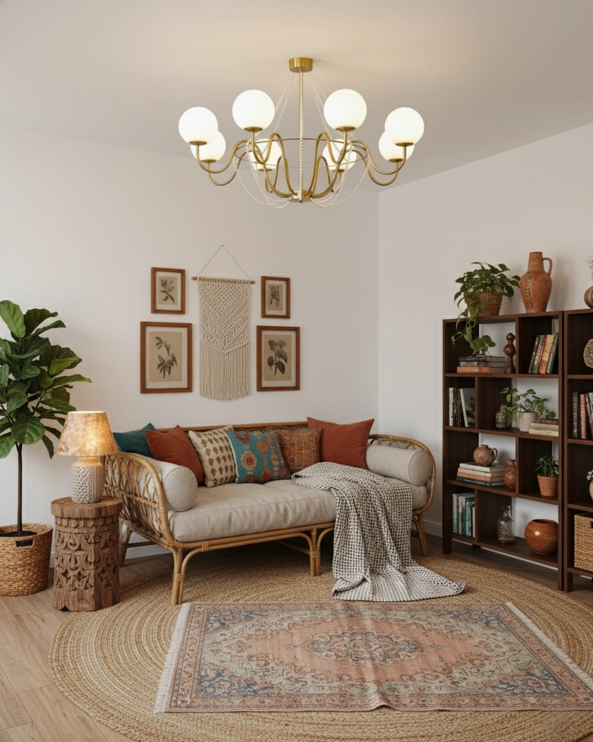 Arc Chandelier warm gold globe fixture in bohemian style residential living room with eclectic decor