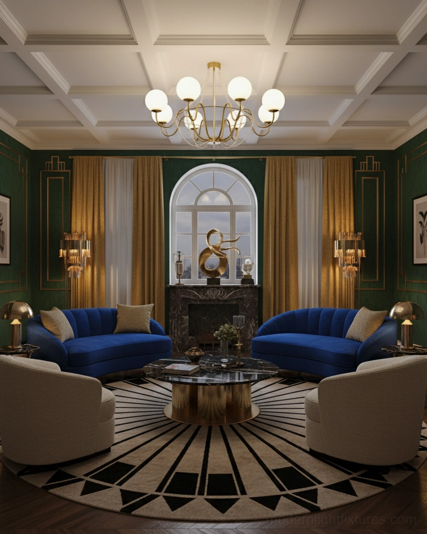 Arc Chandelier eye-level view in formal luxury green paneled living room with symmetrical traditional design