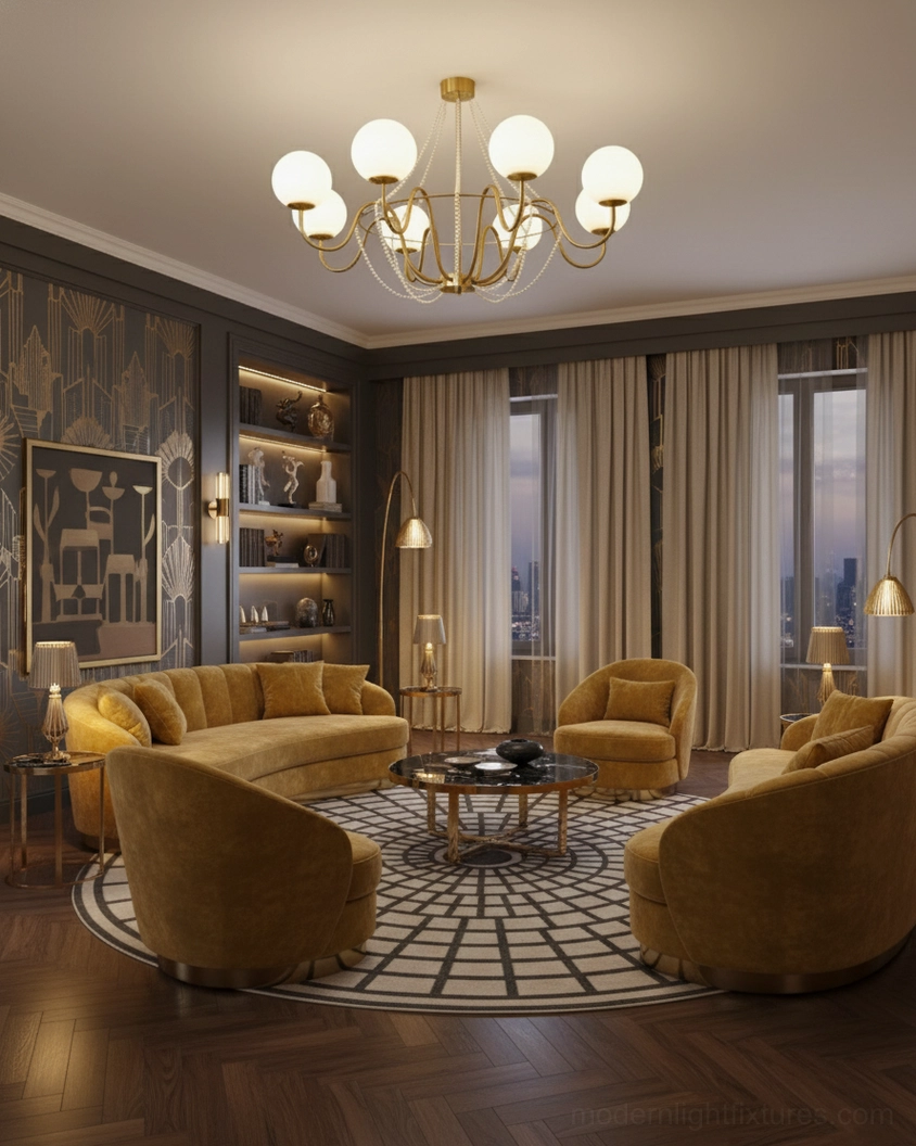 Arc Chandelier frosted globe fixture in luxury vintage formal living room with elegant curved metal arms