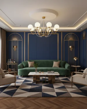 Arc Chandelier ceiling mounted in luxury dark blue paneled living room with traditional gold design aesthetic