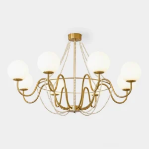 Arc Chandelier modern pendant light with curved metal arms and frosted opal glass globes, studio shot on white background