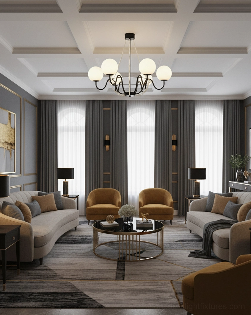 Arc Chandelier sculptural metal arms with opal glass globes creating artistic focal point in interior design