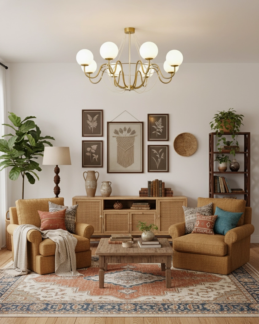 Arc Chandelier gold curved arm fixture in warm vintage residential living room with traditional furnishings