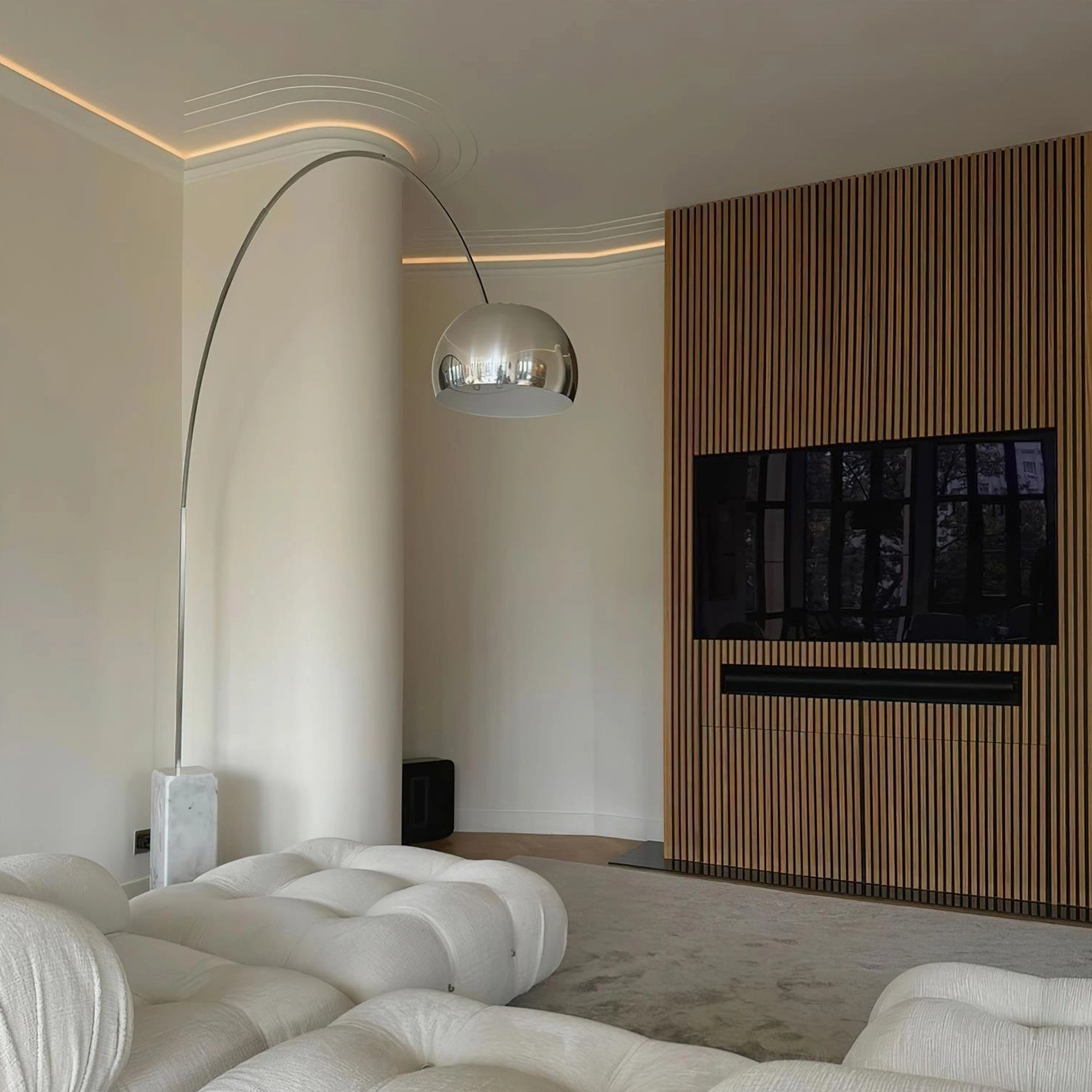 Arc floor lamp with 40W LED equivalent bulb option for energy efficiency
