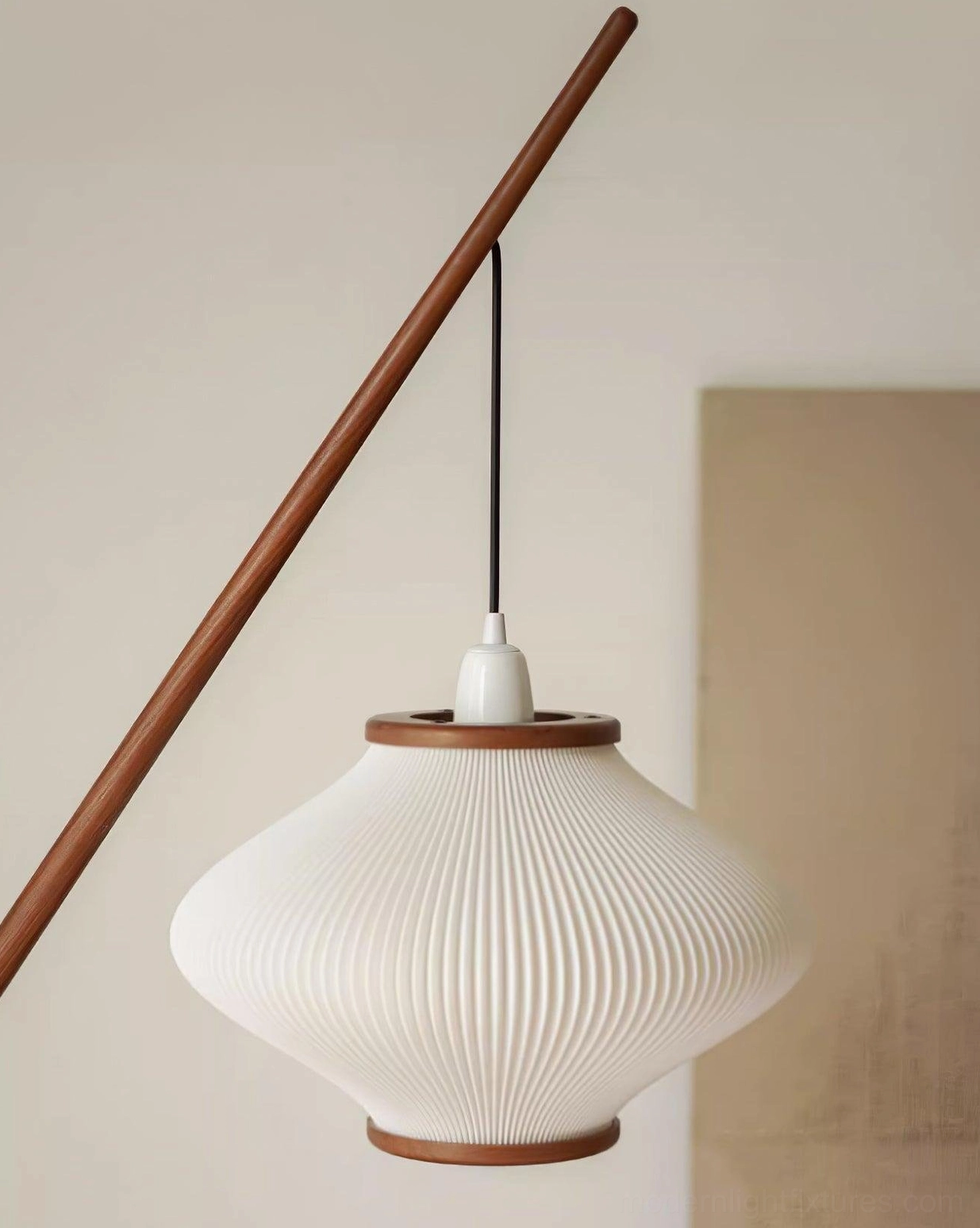 Arc floor lamp casting atmospheric light in residential space, mood lighting demonstration