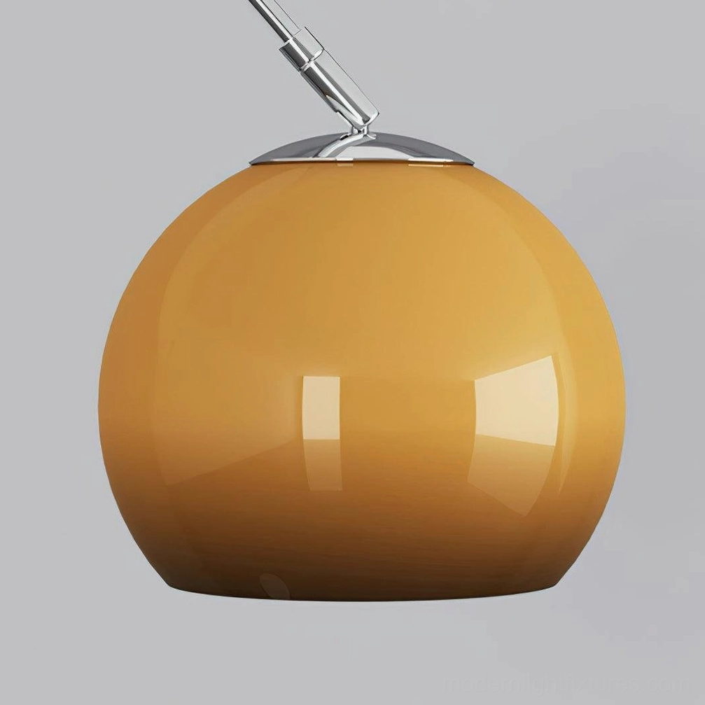 Arc floor lamp base detail showing marble texture and stability features