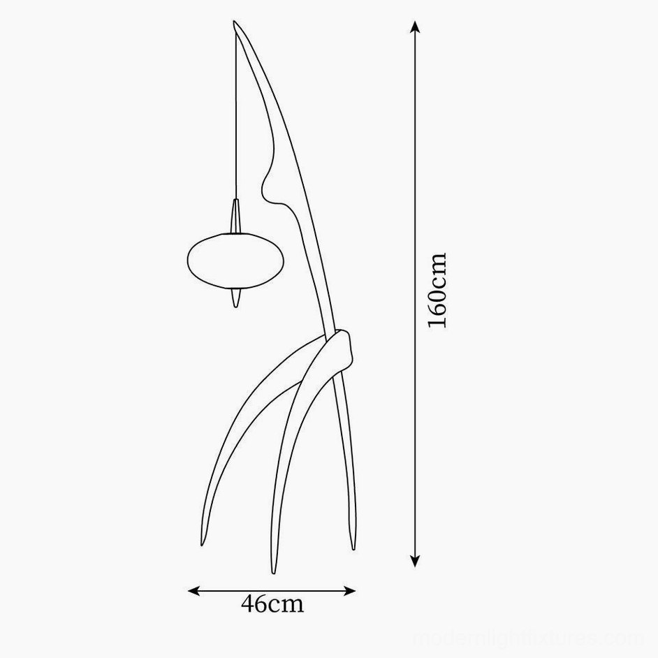 Wooden arc floor lamp with fabric lantern shade in minimalist wooden bedroom interior design