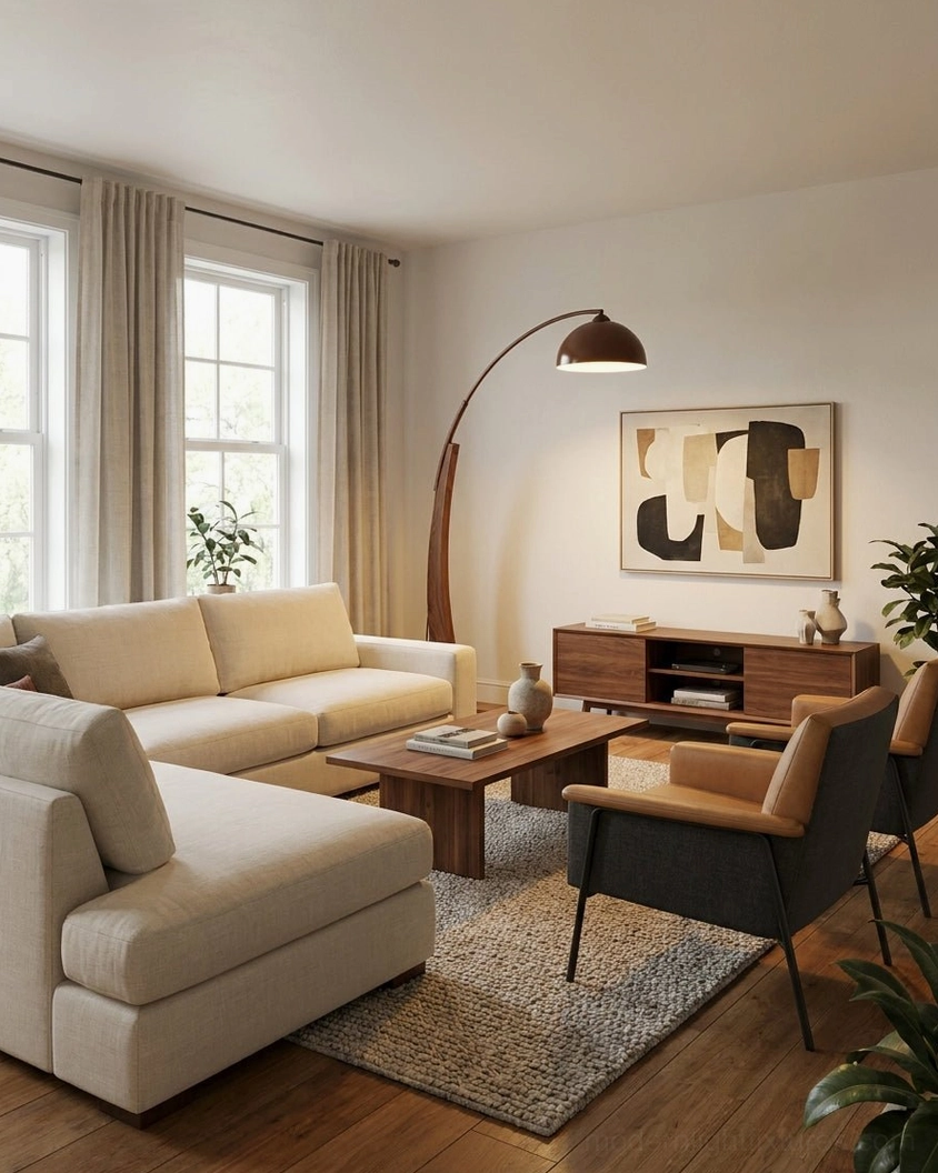 Arc floor lamp in cozy beige living room with coffee table, boho minimalist interior design style