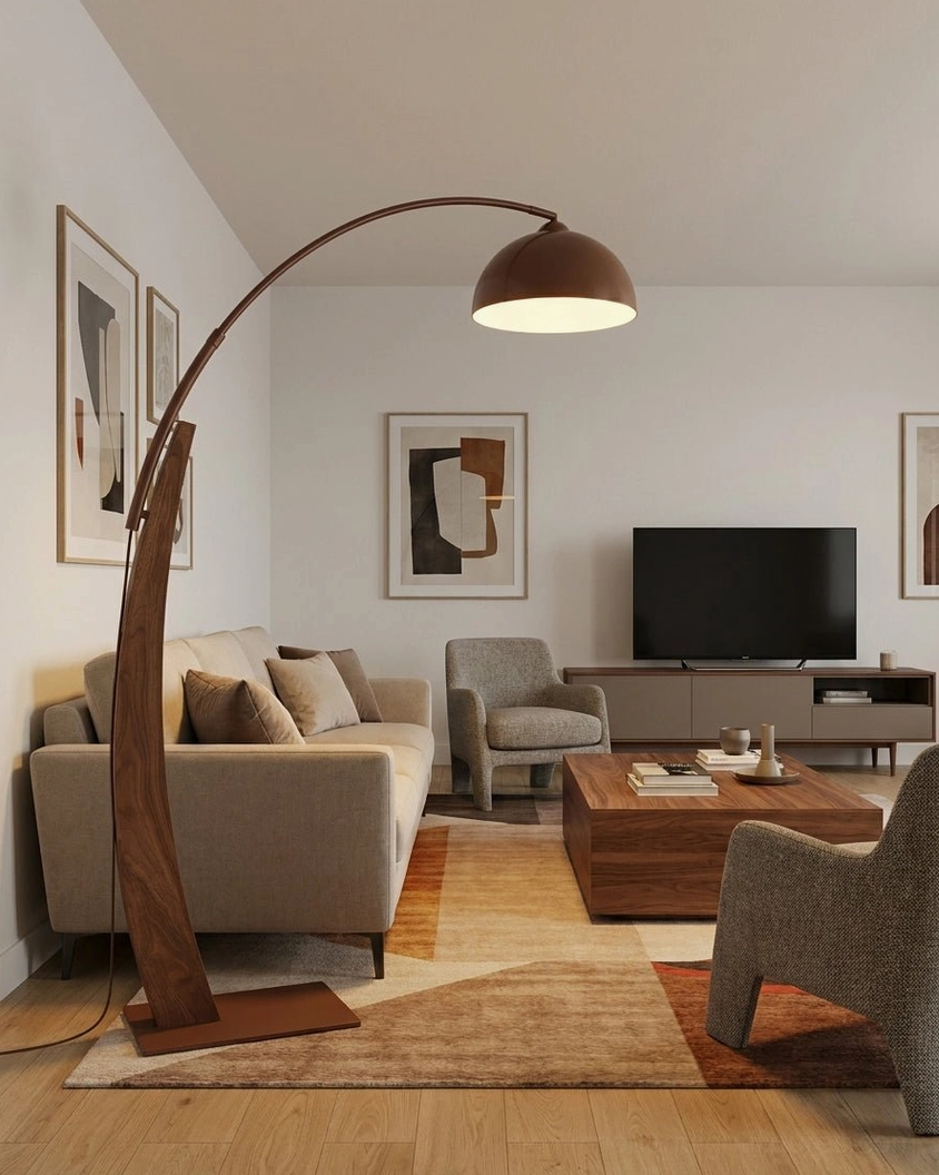 Arc floor lamp with brown wooden frame in TV-focused modern living room, warm wood interior tones match