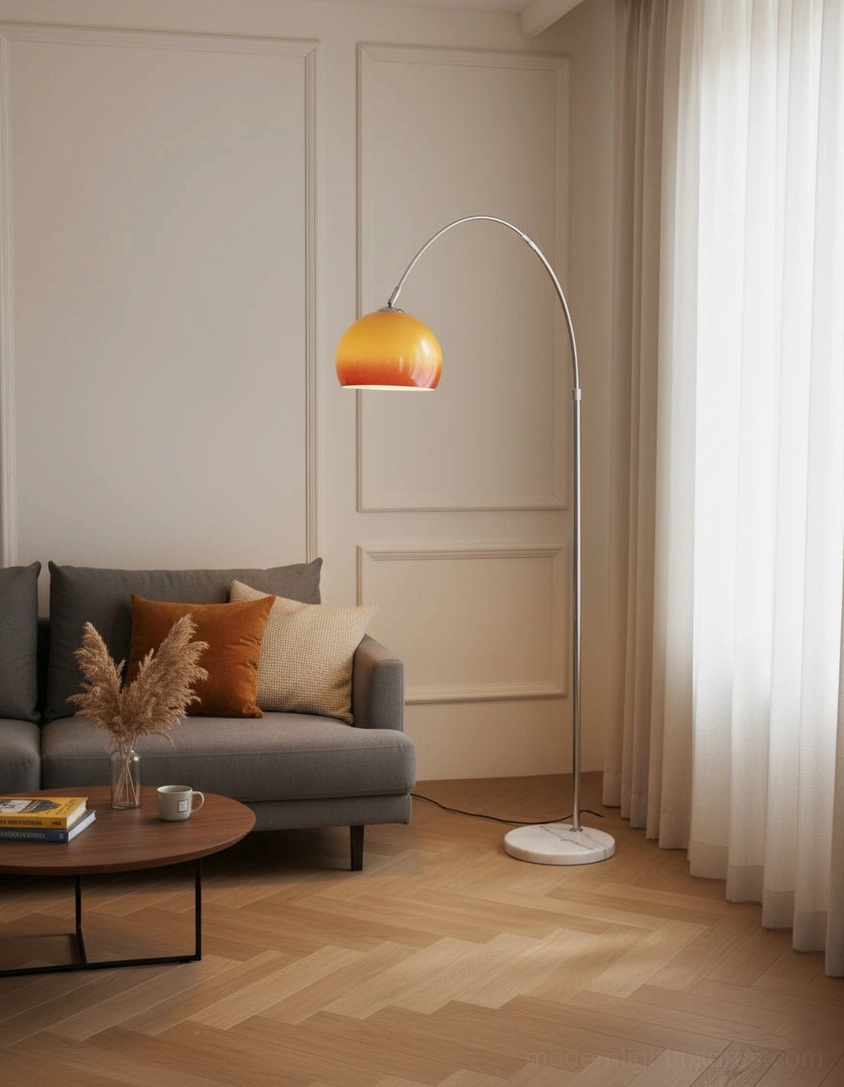 Arc floor lamp chrome and orange red variant showing vibrant color combination