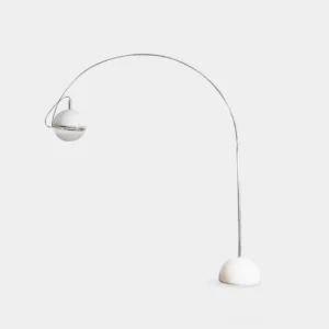 Focus arc floor lamp with chrome frame and white spherical shade - left side view in minimalist studio setting