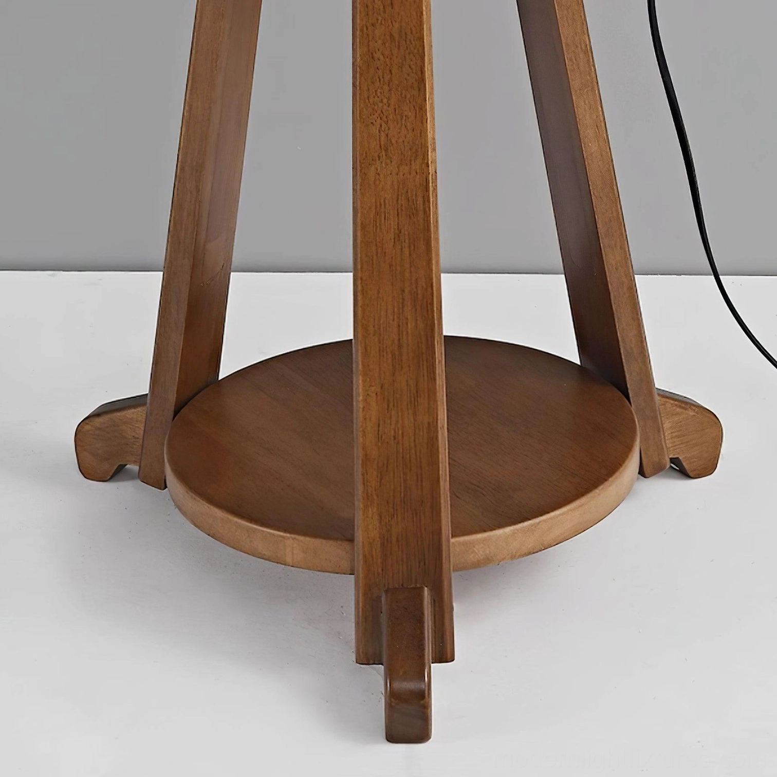 Arc floor lamp with wooden base and side table, complete product view, modern floor lamp with integrated furniture